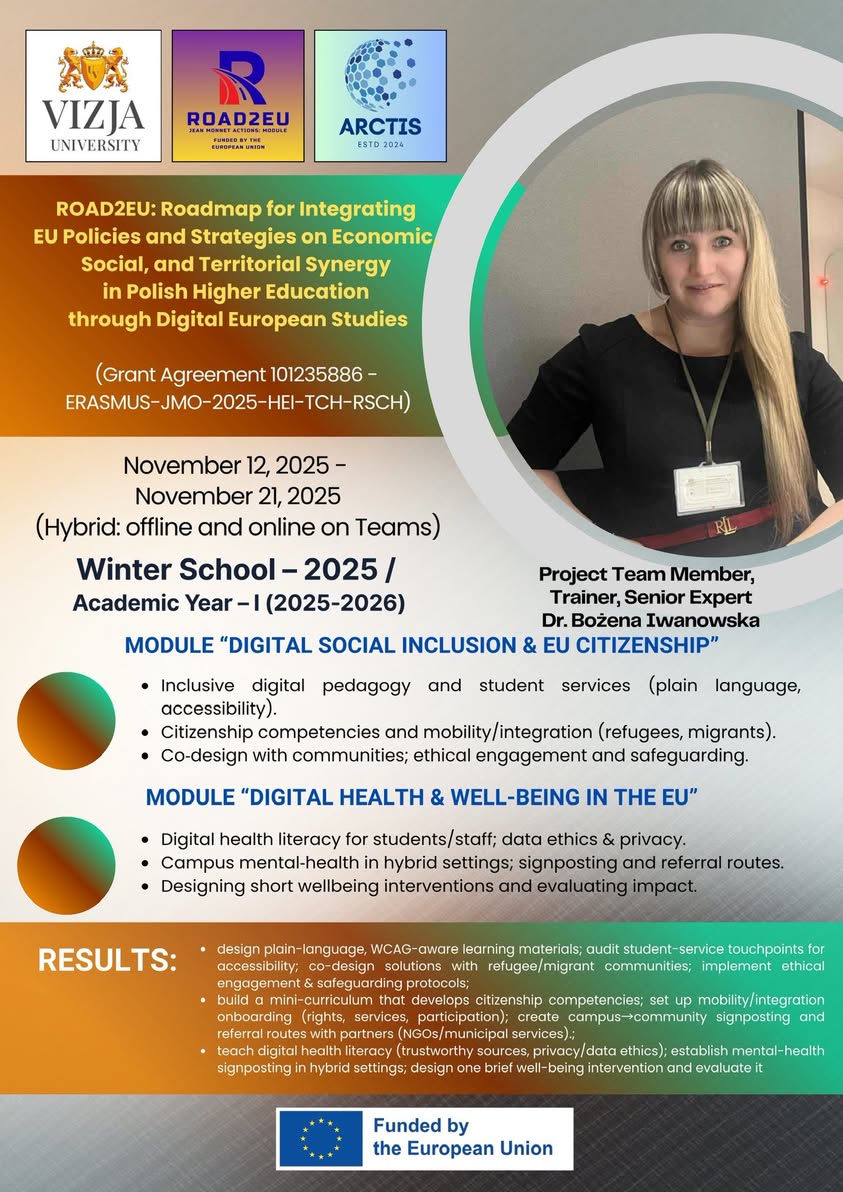 ROAD2EU Winter School 2025 profile card presenting Economic Track lead Olena Pimenowa.