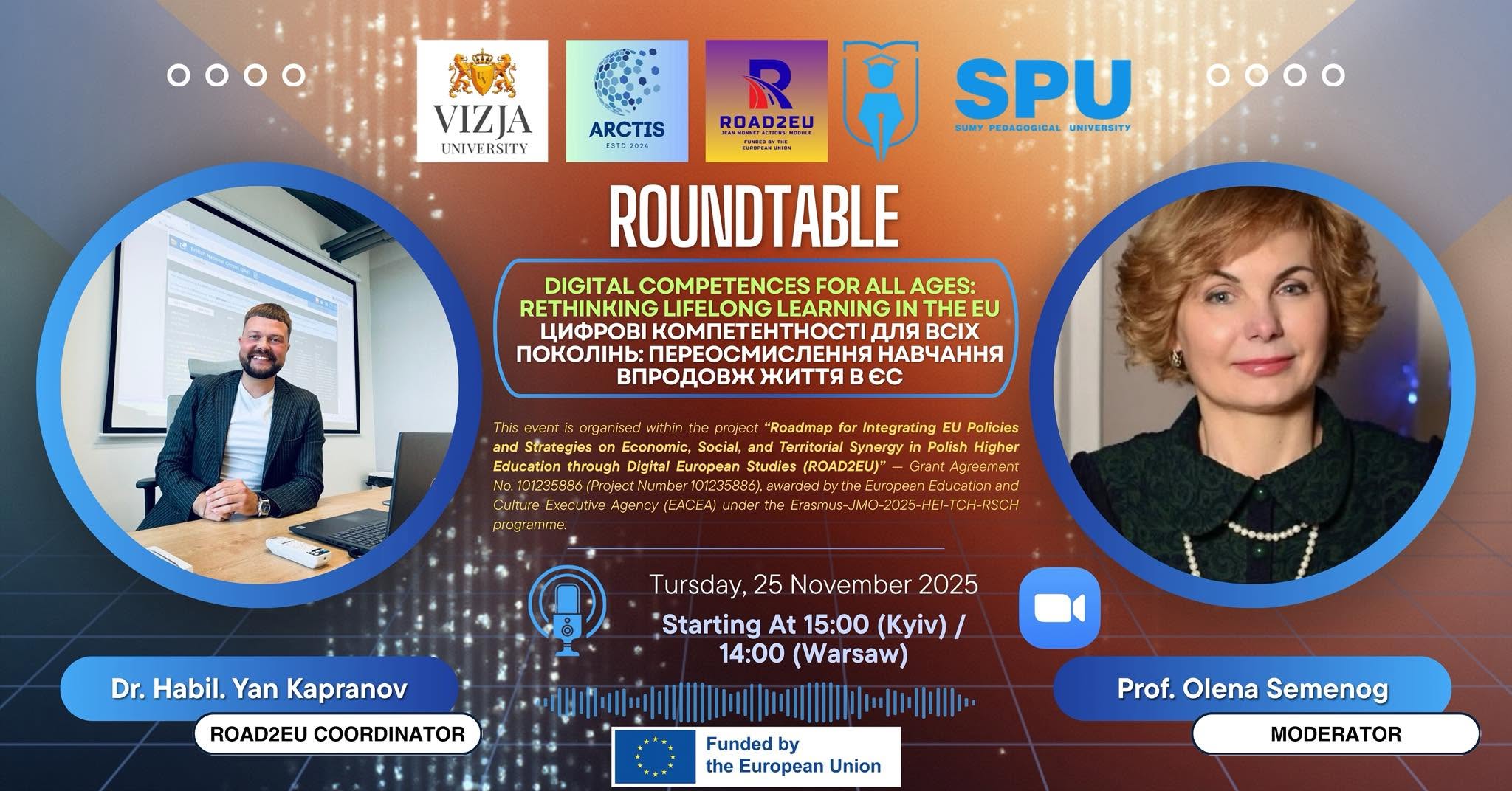 Poster announcing the ROAD2EU roundtable Digital Competences for All Ages on 25 November 2025.