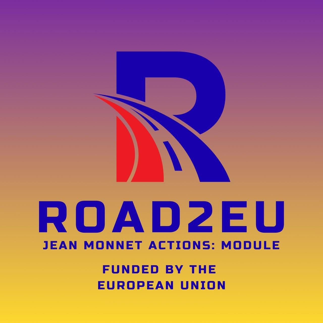 ROAD2EU project logo on a purple-to-yellow gradient background.