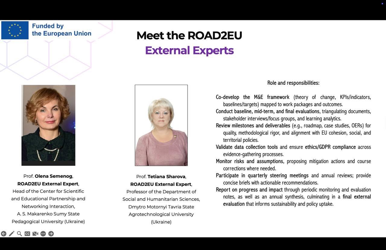 Slide introducing ROAD2EU external monitoring and evaluation experts Olena Semenog and Tetiana Sharova.