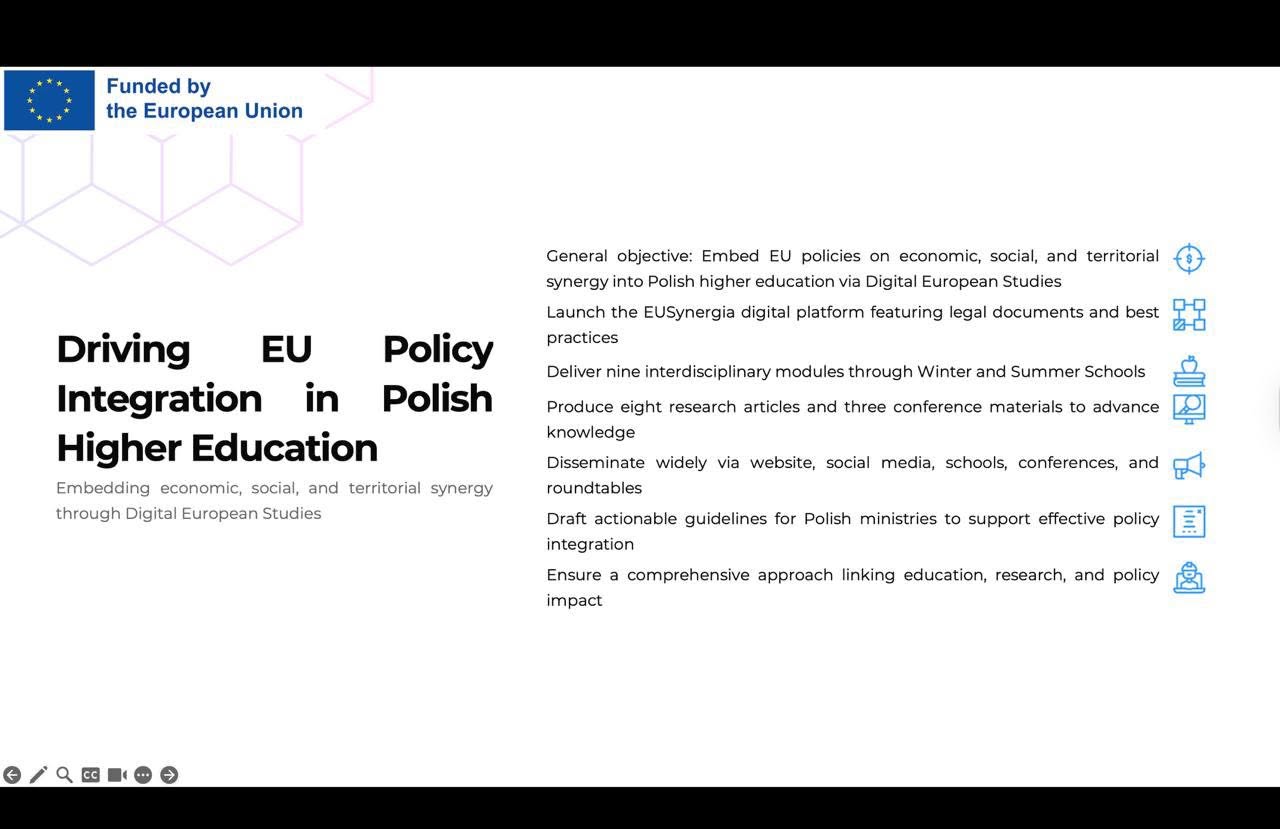Presentation slide outlining ROAD2EU objectives for European policy integration in Polish higher education.