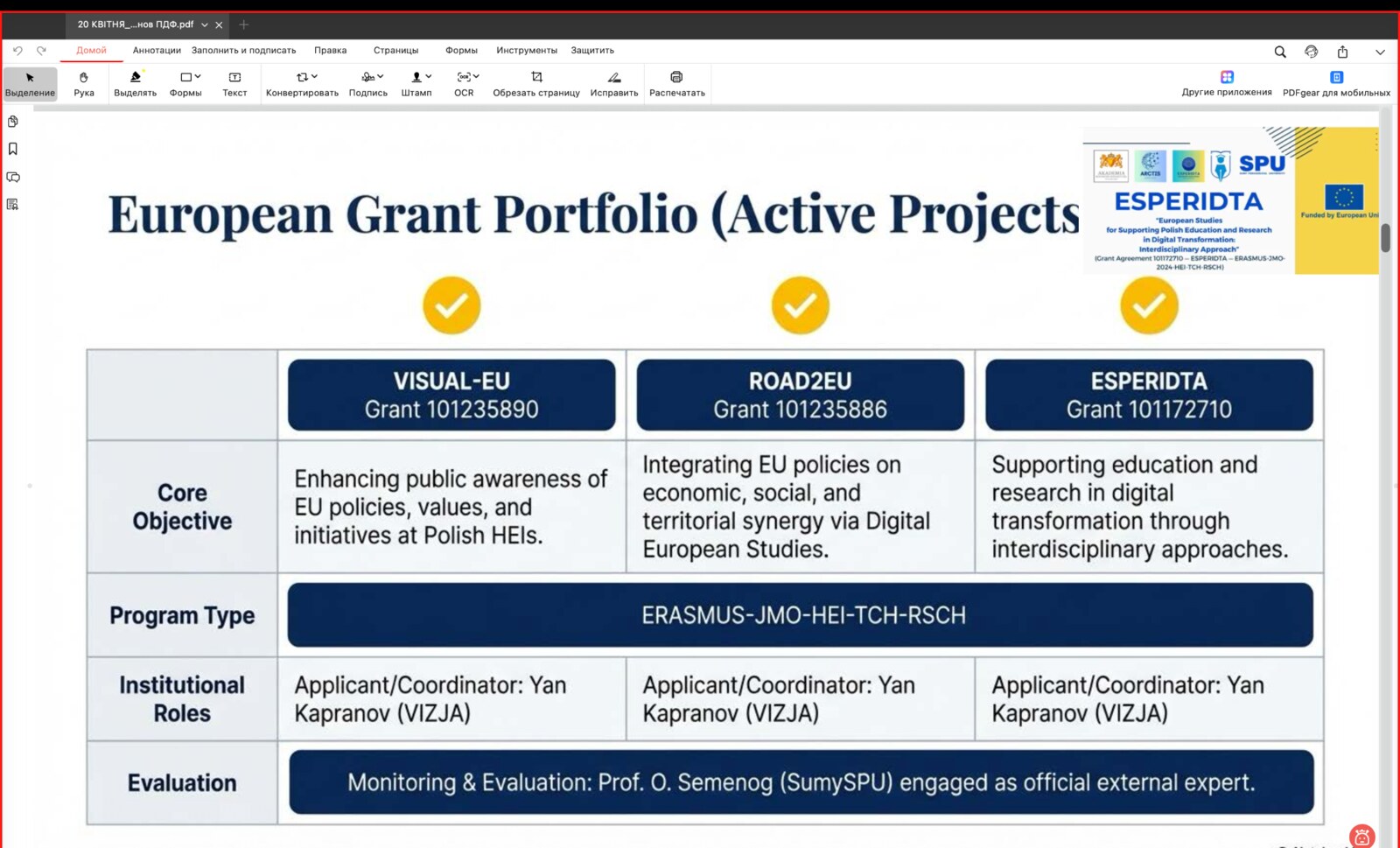 Presentation of the European grant portfolio connected with ROAD2EU at the conference