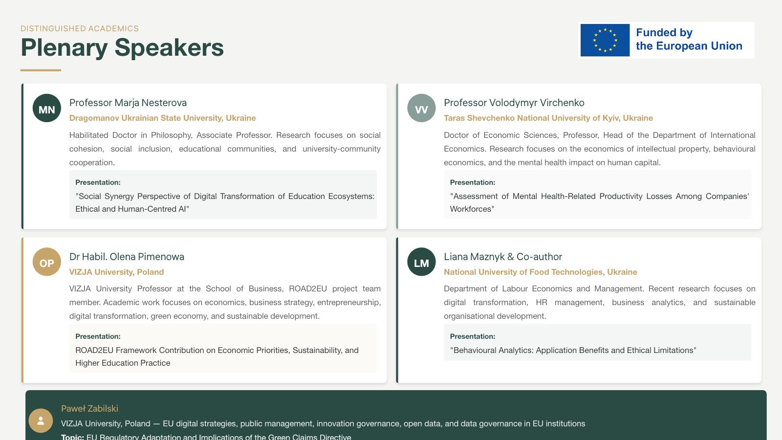 ROAD2EU conference presentation slide listing the plenary speakers and their contributions